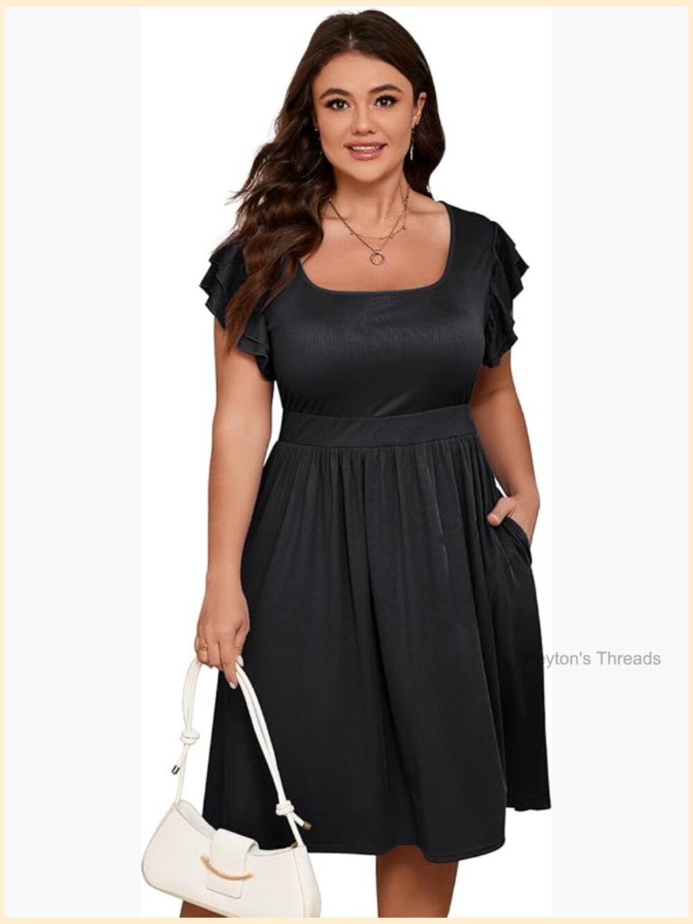 Plus Size Midi Dress with Pockets Short Ruffle Sleeves High Waist A-Line Cute